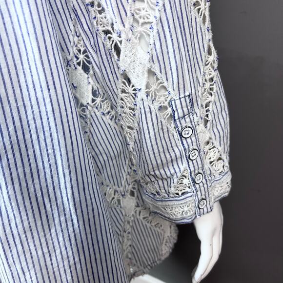 Free People Top small button down all over crochet oxford Maldives Stripes NWT - Picture 12 of 14